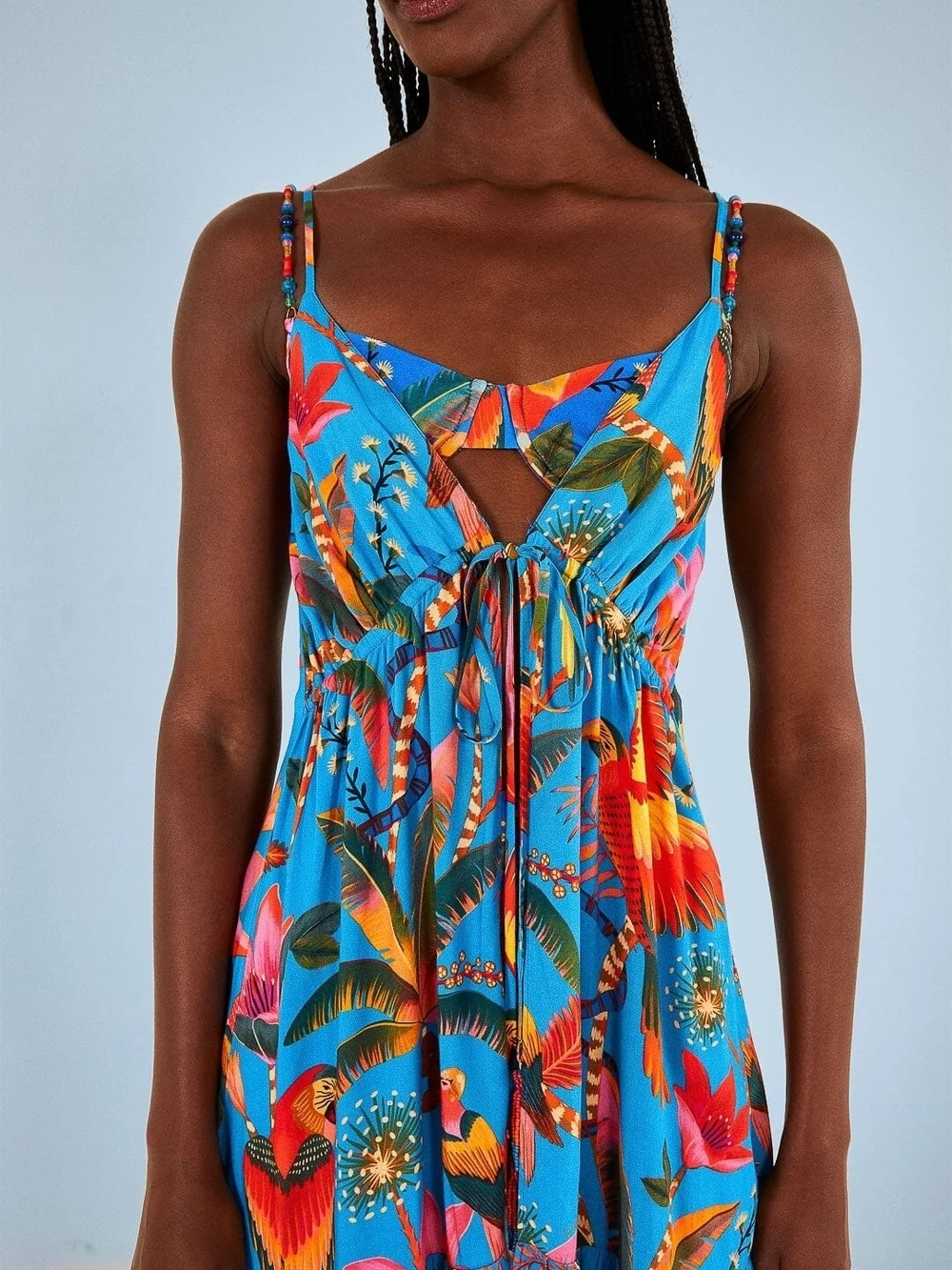 FARM Rio Blue MACAW PARTY Tropical Maxi Coverup with Multicolor Floral Print M